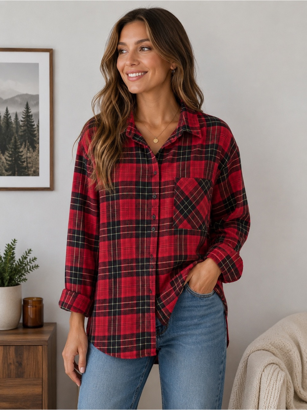 Wild Fable Red Plaid Button Up Flannel Shirt Women’s XL